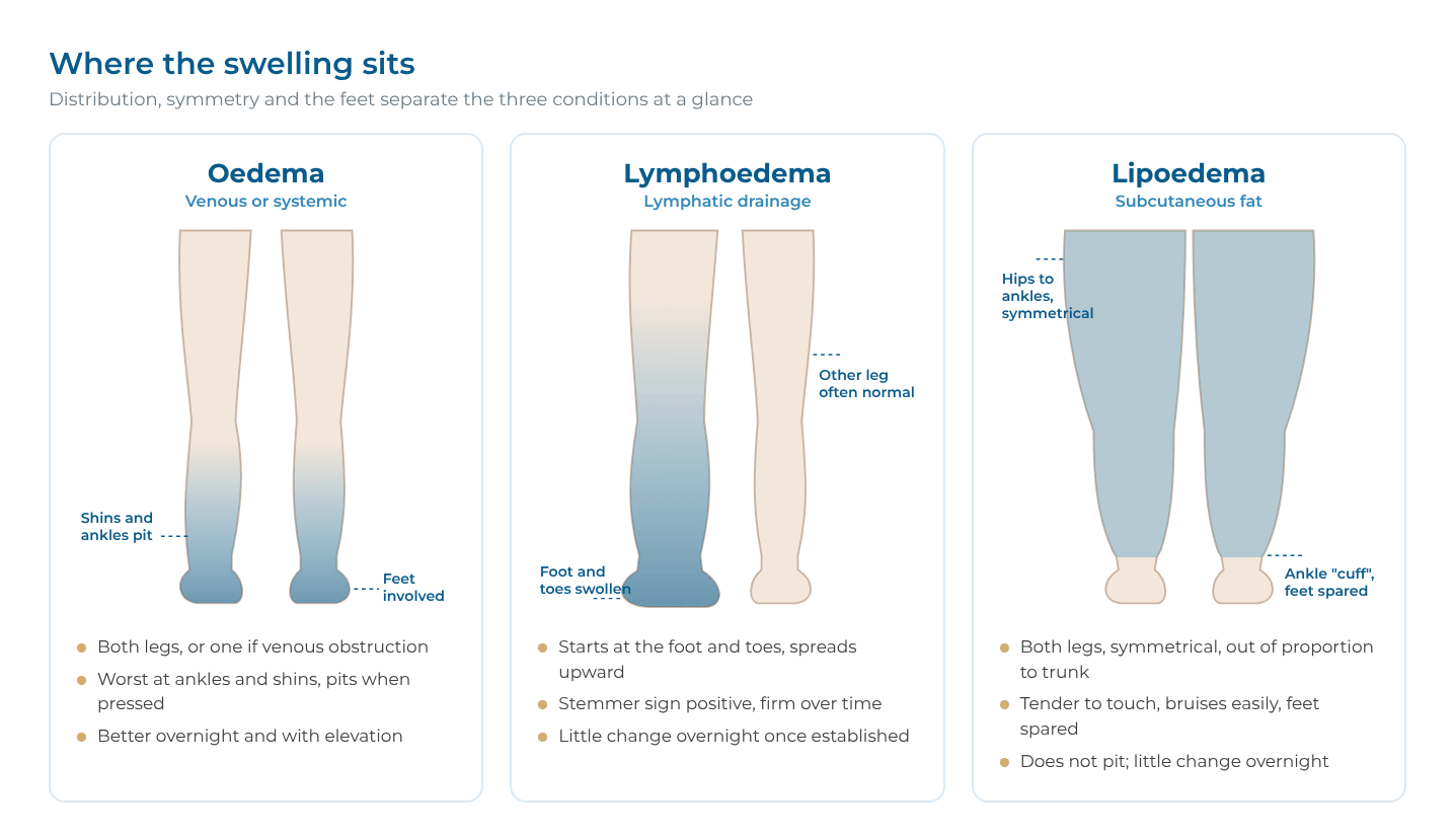Stylised legs showing oedema at the shins, ankles and feet of both legs, lymphoedema involving the foot and toes of one leg, and lipoedema with symmetrical enlargement from hips to ankles with the feet spared